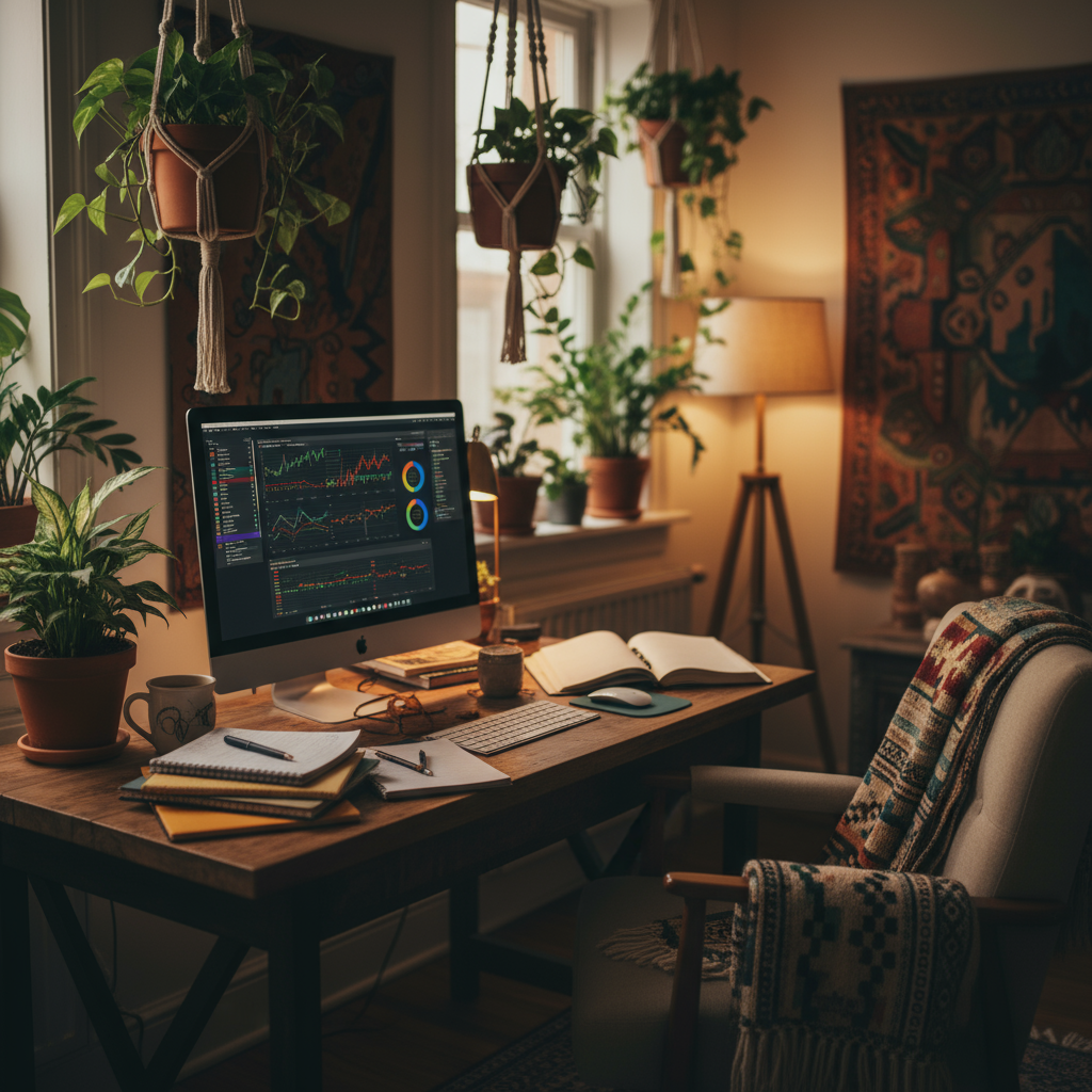 A cozy bohemian room with plants, a woody desk, PC displaying data. The focus is zoomed in closer on the desk and PC. Fewer, less organized papers on the desk, natural and warm non-bright colors, chair with a blanket close to the desk, decor and plants in the background, not the main subject.
